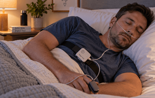 Patient completing a home sleep study for sleep apnea