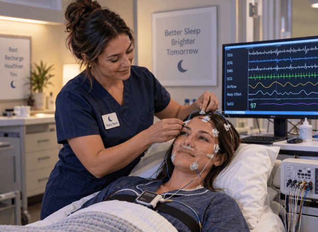 Patient undergoing an overnight sleep study in a sleep lab Patient undergoing an overnight sleep study in a sleep lab
