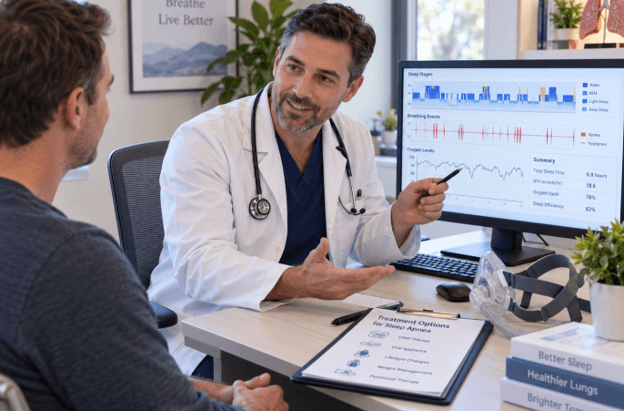 Sleep specialist discussing home and in-lab sleep study options with a patient