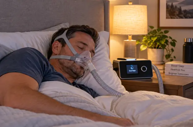 Tired patient using CPAP therapy for sleep apnea