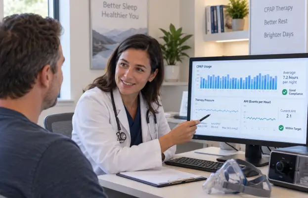 Patient discussing Feeling tired despite using CPAP for sleep apnea treatment Patient discussing Feeling tired despite using CPAP for sleep apnea treatment