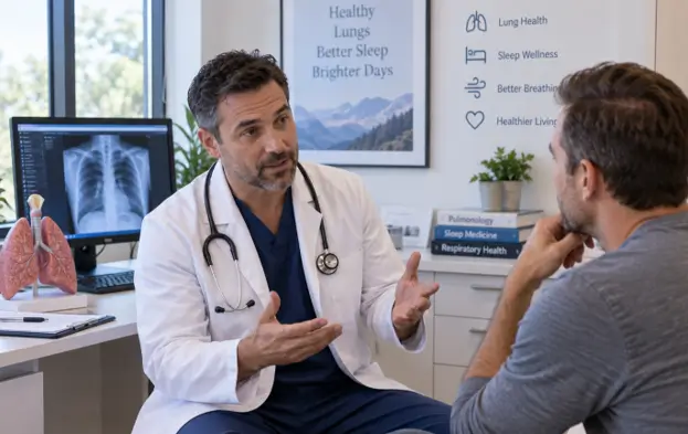 Patient discussing CPAP treatment with doctor Patient discussing CPAP treatment with doctor