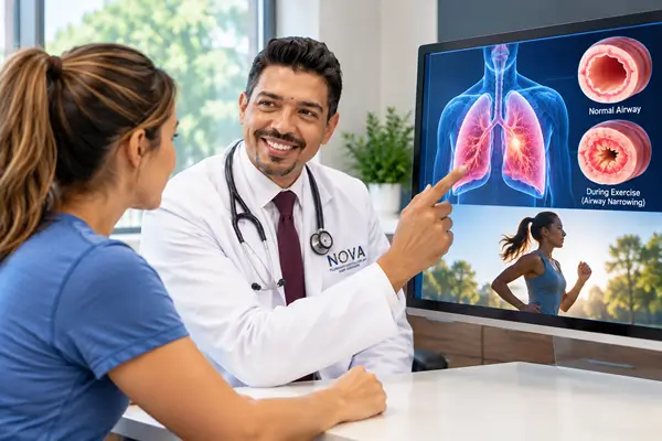 Doctor explains exercise induced asthma evaluation to patient Doctor explains exercise induced asthma evaluation to patient