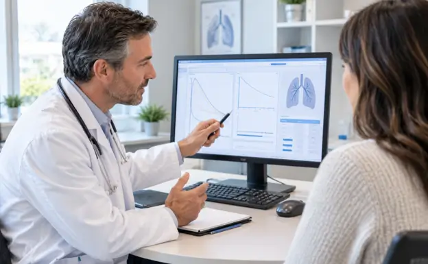 Doctor with patient explaing PFT Test results